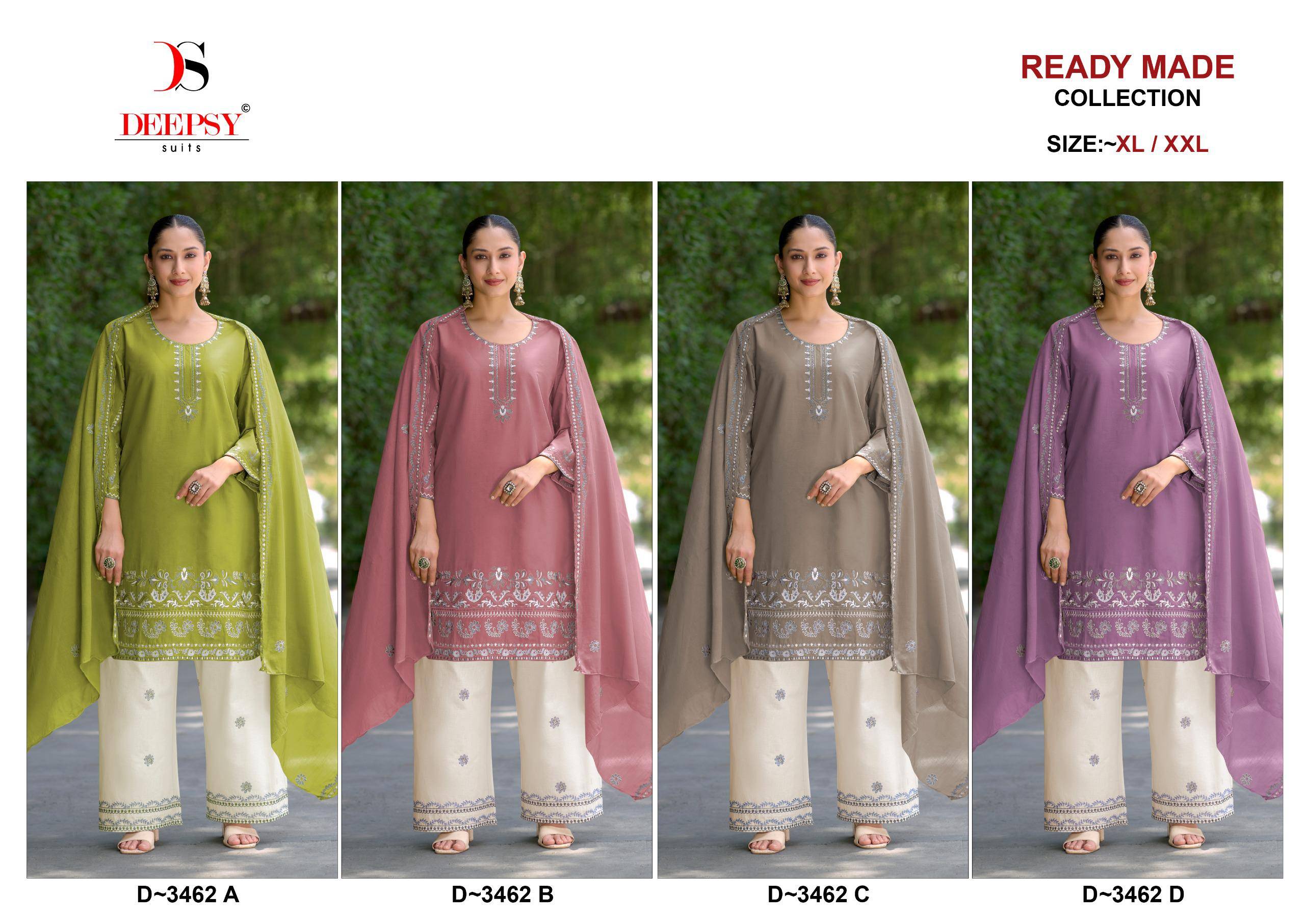 3462 colors by DEEPSY SUITS 3462-A TO 3462-D SERIES Pakistani Stylish Embroidered Ready made PURE COTTON COLLECTION At Wholesale Price